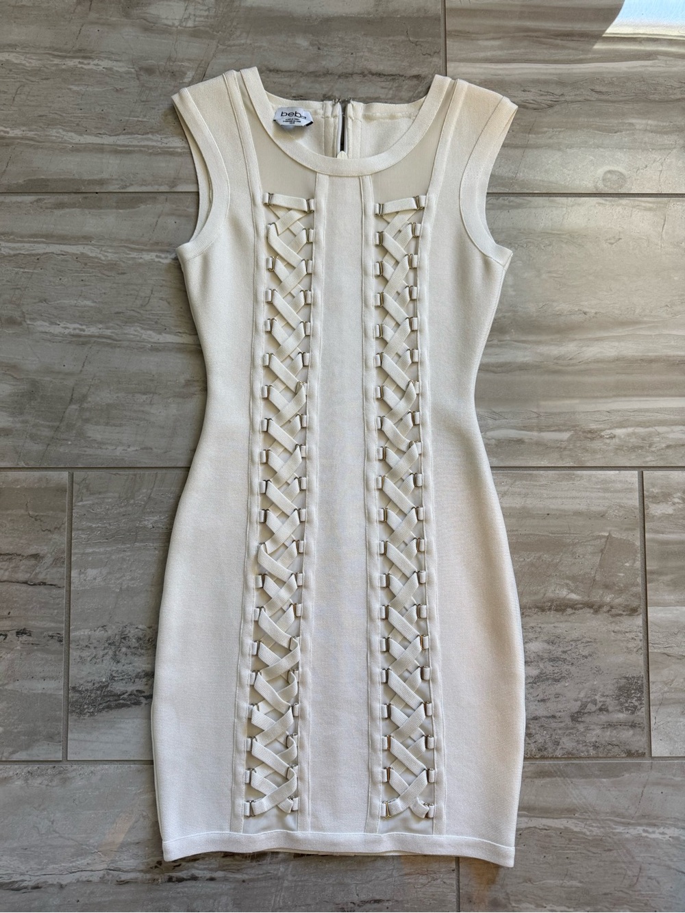bebe Cream Sleeveless Lace-Up Panel Bodycon Midi Dress